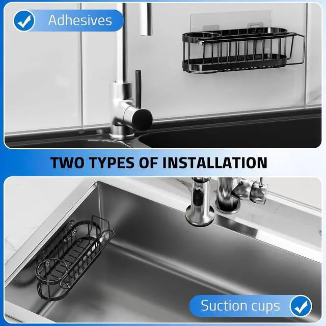 Alt view image 2 of 7 - Cisily Kitchen Sponge Holder for Kitchen Sink with 2 Suction Cups/1 Adhesive Strips, Stainless Steel Kitchen Caddy Sink Organizer, Brush Holder, Dish Cloth Hanger, Sink Stopper Holder (Black)