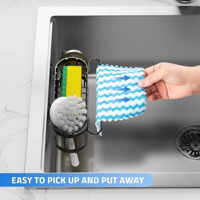Alt view image 3 of 7 - Cisily Kitchen Sponge Holder for Kitchen Sink with 2 Suction Cups/1 Adhesive Strips, Stainless Steel Kitchen Caddy Sink Organizer, Brush Holder, Dish Cloth Hanger, Sink Stopper Holder (Black)