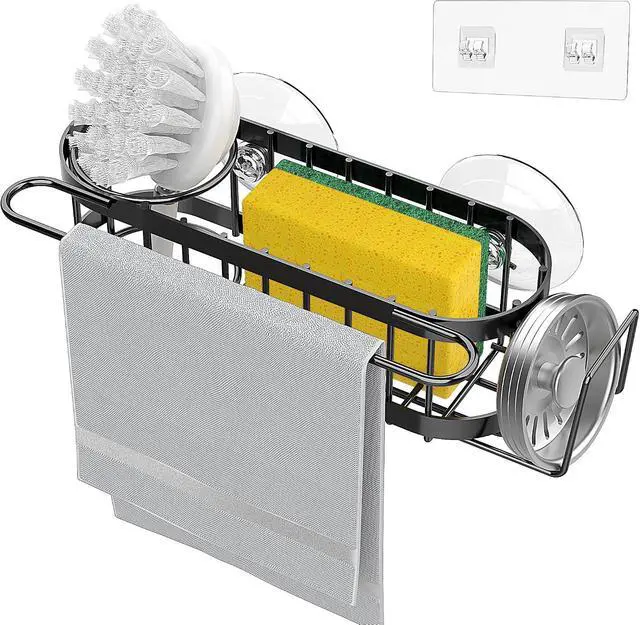 Alt view image 4 of 7 - Cisily Kitchen Sponge Holder for Kitchen Sink with 2 Suction Cups/1 Adhesive Strips, Stainless Steel Kitchen Caddy Sink Organizer, Brush Holder, Dish Cloth Hanger, Sink Stopper Holder (Black)