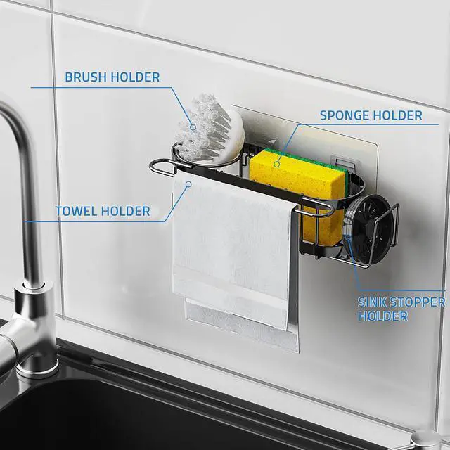 Alt view image 5 of 7 - Cisily Kitchen Sponge Holder for Kitchen Sink with 2 Suction Cups/1 Adhesive Strips, Stainless Steel Kitchen Caddy Sink Organizer, Brush Holder, Dish Cloth Hanger, Sink Stopper Holder (Black)
