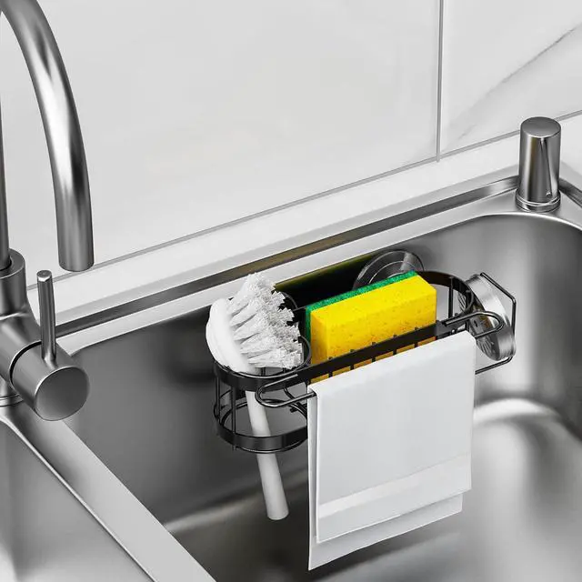 Alt view image 6 of 7 - Cisily Kitchen Sponge Holder for Kitchen Sink with 2 Suction Cups/1 Adhesive Strips, Stainless Steel Kitchen Caddy Sink Organizer, Brush Holder, Dish Cloth Hanger, Sink Stopper Holder (Black)