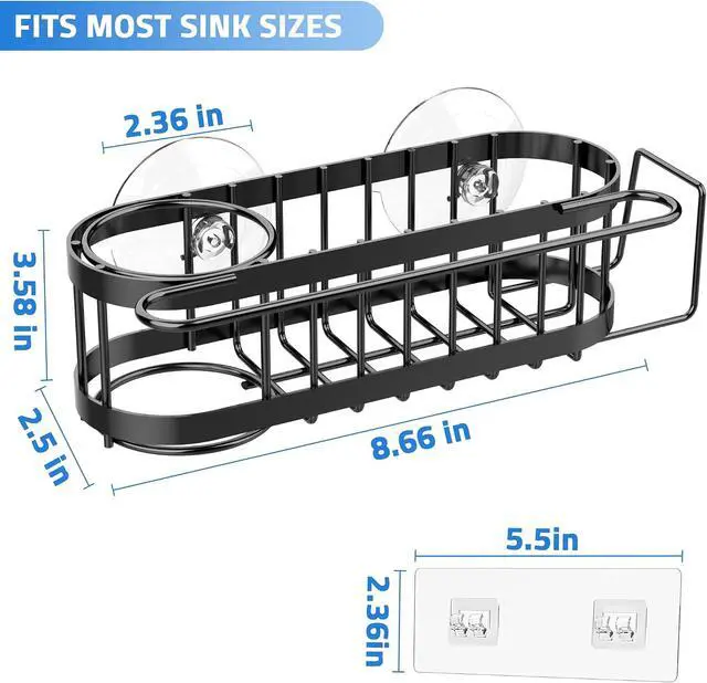 Alt view image 7 of 7 - Cisily Kitchen Sponge Holder for Kitchen Sink with 2 Suction Cups/1 Adhesive Strips, Stainless Steel Kitchen Caddy Sink Organizer, Brush Holder, Dish Cloth Hanger, Sink Stopper Holder (Black)