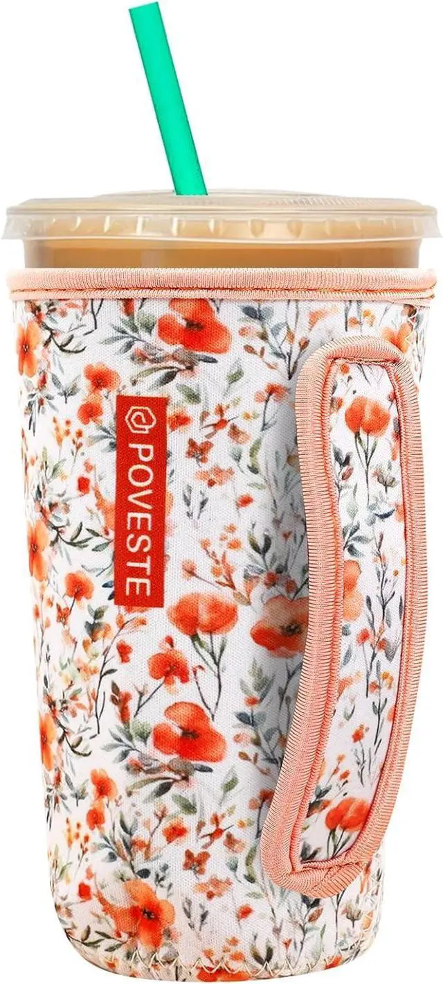 Main image of Reusable Neoprene Insulator Sleeve for Iced Coffee & Cold Soda, Coffee Sleeves for Iced & Hot Drinks, Cold Beverage Cooler Compatible with Starbucks, Dunkin (Flower Power, Large: 32oz)