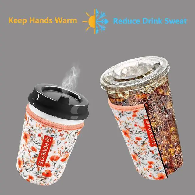 Alt view image 3 of 7 - Reusable Neoprene Insulator Sleeve for Iced Coffee & Cold Soda, Coffee Sleeves for Iced & Hot Drinks, Cold Beverage Cooler Compatible with Starbucks, Dunkin (Flower Power, Large: 32oz)