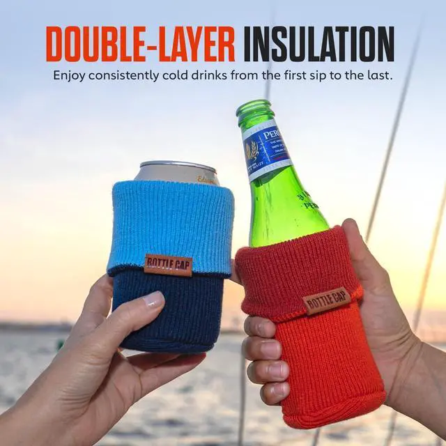Alt view image 2 of 7 - Bottle Cap Insulated Can & Bottle Koozie, Reversible Sleeve, 12 & 16 oz | Fits 12oz, 16oz, slim & tall cans, beer bottles & coffee cups. Soft double-layer knit keeps drinks cold; reversible 2 colors