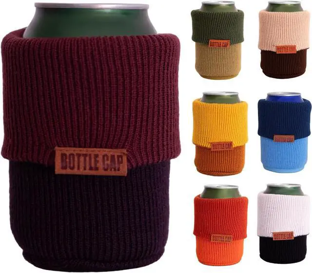 Main image of Bottle Cap Insulated Can & Bottle Koozie, Reversible Sleeve, 12 & 16 oz | Fits 12oz, 16oz, slim & tall cans, beer bottles & coffee cups. Soft double-layer knit keeps drinks cold; reversible 2 colors