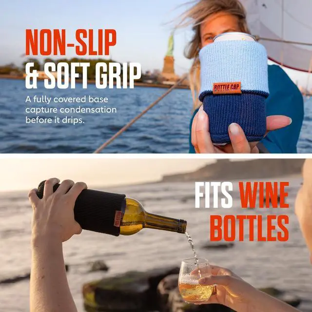 Alt view image 6 of 7 - Bottle Cap Insulated Can & Bottle Koozie, Reversible Sleeve, 12 & 16 oz | Fits 12oz, 16oz, slim & tall cans, beer bottles & coffee cups. Soft double-layer knit keeps drinks cold; reversible 2 colors