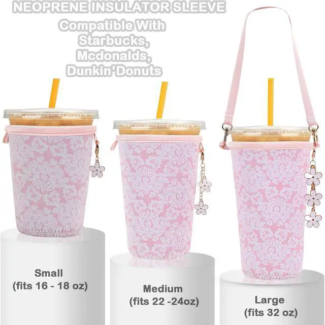 Alt view image 2 of 6 - 3PC Reusable Neoprene Iced Coffee Sleeve with Strap & Charms Perfect Cold Drink Sleeve for Iced Drinks, Coffee Cup Sleeves, and More Durable, Insulated Coffee Sleeves for Iced Coffees & Cold Beverages