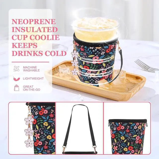 Alt view image 4 of 6 - 3PC Reusable Neoprene Iced Coffee Sleeve with Strap & Charms Perfect Cold Drink Sleeve for Iced Drinks, Coffee Cup Sleeves, and More Durable, Insulated Coffee Sleeves for Iced Coffees & Cold Beverages