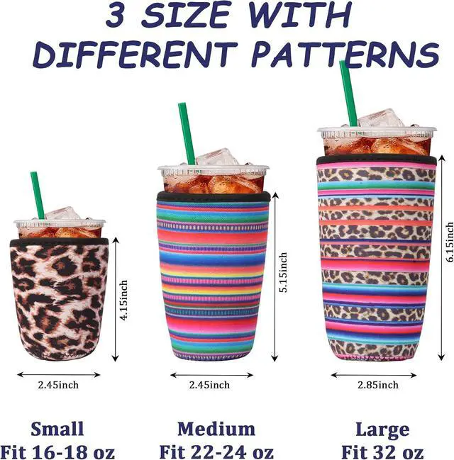 Alt view image 3 of 7 - 3Pcs Reusable Insulated Neoprene Iced Coffee Cold Soda Cup Sleeve | Stripe Pattern 16-32Oz Cup Holder Can Cooler Cold Iced Drinks for Beverages Gifts for Families