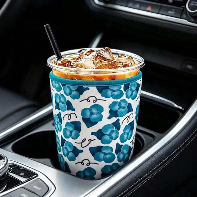 Alt view image 4 of 6 - Reusable Insulated Neoprene Iced Coffee Cup Sleeve, Durable Drink Sleeve for Cold Beverages, Beverage Holder for Iced Coffee, and Hot Drinks (Blue flower, M)