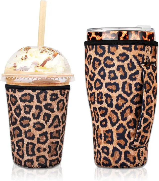 Main image of 2 PCS Reusable Iced Coffee Sleeve for 24oz Cold Drinks Beverage,Insulated Neoprene Cup Holder with Handle for 30oz-32oz Tumbler Cup,Dunkin Donuts, Starbucks,McDonald's Coffee(Leopard)