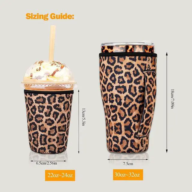 Alt view image 2 of 7 - 2 PCS Reusable Iced Coffee Sleeve for 24oz Cold Drinks Beverage,Insulated Neoprene Cup Holder with Handle for 30oz-32oz Tumbler Cup,Dunkin Donuts, Starbucks,McDonald's Coffee(Leopard)