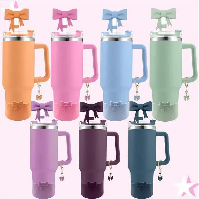 Alt view image 7 of 7 - Accessories Set for Stanley Cup 30 40oz Tumbler Accessories | 2Pcs Cute Bow Straw Cover Caps, 10mm Reusable Straw Toppers, 1Pcs Silicone Boot Sleeve, 1Pcs Handle Charm