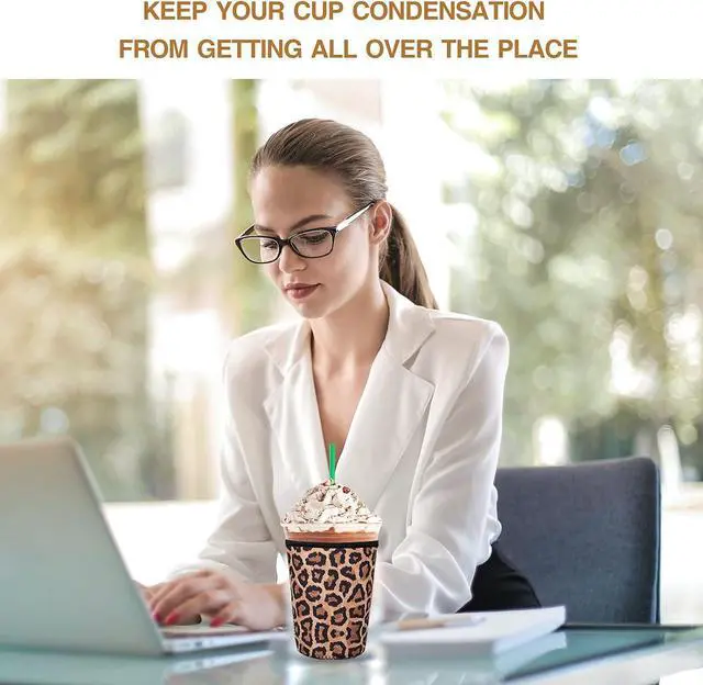 Alt view image 5 of 7 - 2 PCS Reusable Iced Coffee Sleeve for 24oz Cold Drinks Beverage,Insulated Neoprene Cup Holder with Handle for 30oz-32oz Tumbler Cup,Dunkin Donuts, Starbucks,McDonald's Coffee(Leopard)