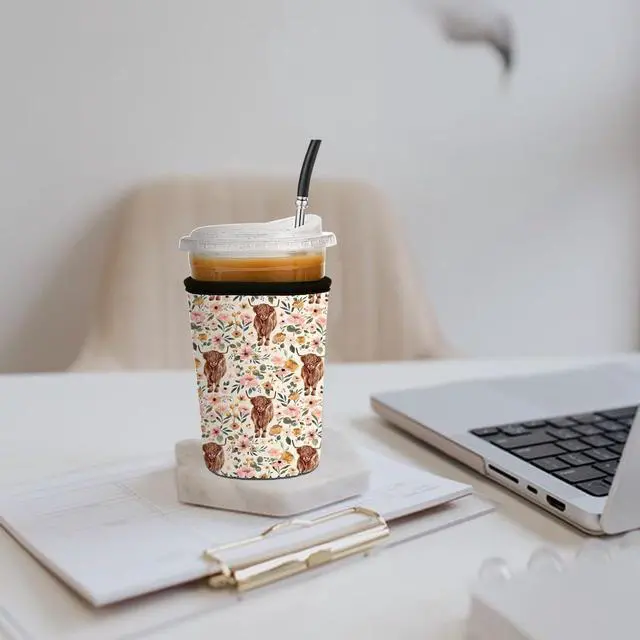 Alt view image 2 of 7 - Reusable Insulated Neoprene Iced Coffee Cup Sleeve, Durable Drink Sleeve for Cold Beverages, Beverage Holder for Iced Coffee (Highland Bloom)