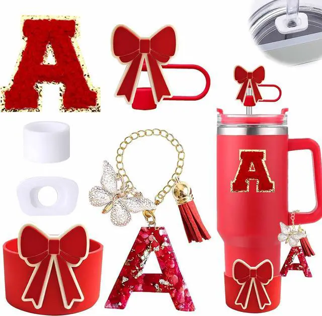 Main image of Red Accessories Set for Stanley Cup Bow Boot Stopper Initial A Charm | Leak-proof stopper, silicone bow boot & straw topper set with handle charm for Stanley Cup 30/40oz tumbler