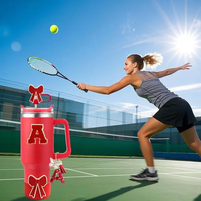 Alt view image 3 of 6 - Red Accessories Set for Stanley Cup Bow Boot Stopper Initial A Charm | Leak-proof stopper, silicone bow boot & straw topper set with handle charm for Stanley Cup 30/40oz tumbler