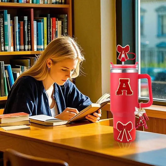 Alt view image 4 of 6 - Red Accessories Set for Stanley Cup Bow Boot Stopper Initial A Charm | Leak-proof stopper, silicone bow boot & straw topper set with handle charm for Stanley Cup 30/40oz tumbler