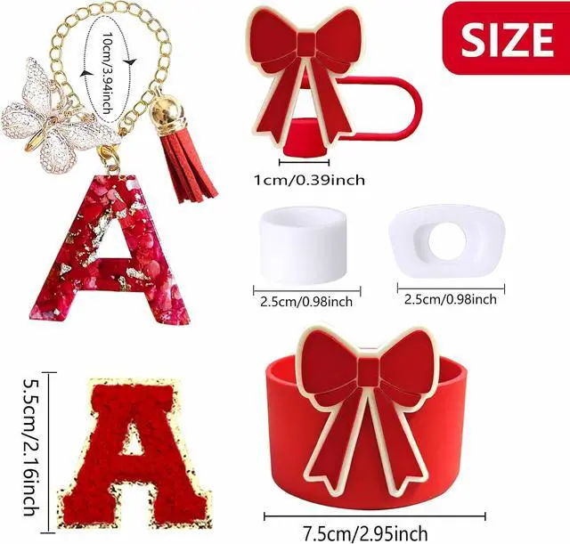 Alt view image 5 of 6 - Red Accessories Set for Stanley Cup Bow Boot Stopper Initial A Charm | Leak-proof stopper, silicone bow boot & straw topper set with handle charm for Stanley Cup 30/40oz tumbler