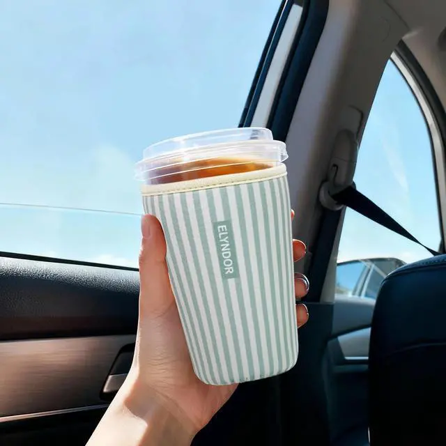 Alt view image 2 of 7 - Reusable Insulated Sleeve for Iced Coffee Cup, 3-Pack Coffee Neoprene Drink Sleeve for Cold & Hot Drinks, Beverage Holder for Iced Coffee (Green Stripes)