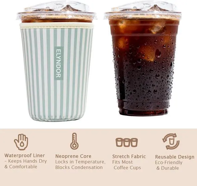 Alt view image 6 of 7 - Reusable Insulated Sleeve for Iced Coffee Cup, 3-Pack Coffee Neoprene Drink Sleeve for Cold & Hot Drinks, Beverage Holder for Iced Coffee (Green Stripes)