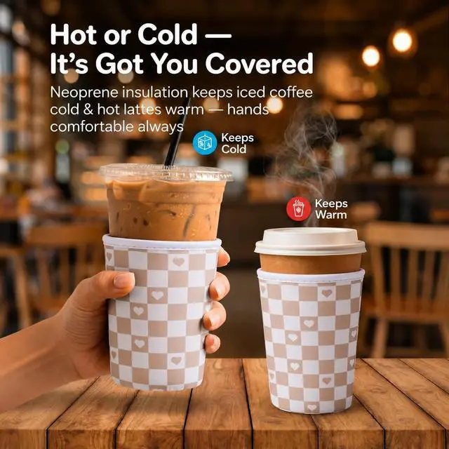 Alt view image 2 of 7 - 3Pcs Reusable Ice Coffee Cup Sleeves for Cold Drink 16-32oz(Brown Hearts) | Insulated Neoprene Sleeve for Iced Coffee Cups, Beverage Holder Drink Sleeves for 16/18/22/24/32oz