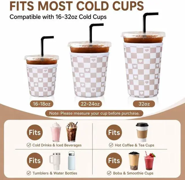 Alt view image 3 of 7 - 3Pcs Reusable Ice Coffee Cup Sleeves for Cold Drink 16-32oz(Brown Hearts) | Insulated Neoprene Sleeve for Iced Coffee Cups, Beverage Holder Drink Sleeves for 16/18/22/24/32oz