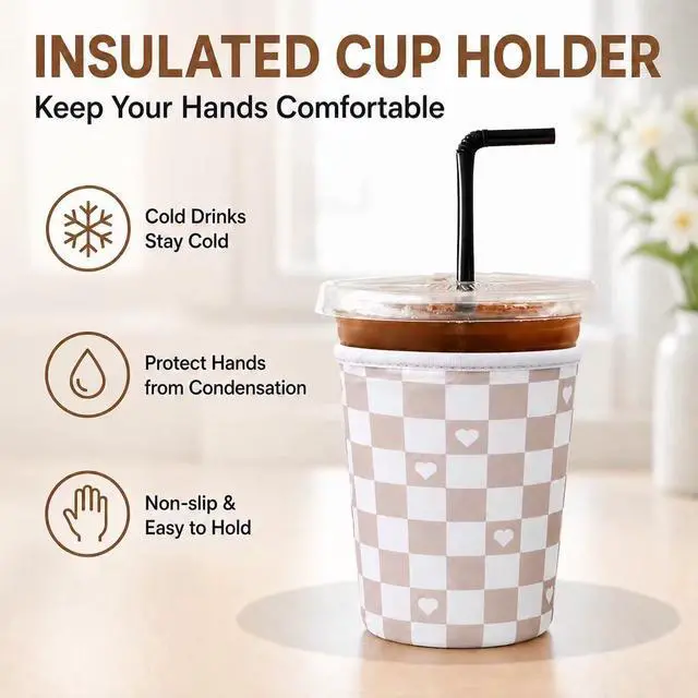 Alt view image 5 of 7 - 3Pcs Reusable Ice Coffee Cup Sleeves for Cold Drink 16-32oz(Brown Hearts) | Insulated Neoprene Sleeve for Iced Coffee Cups, Beverage Holder Drink Sleeves for 16/18/22/24/32oz