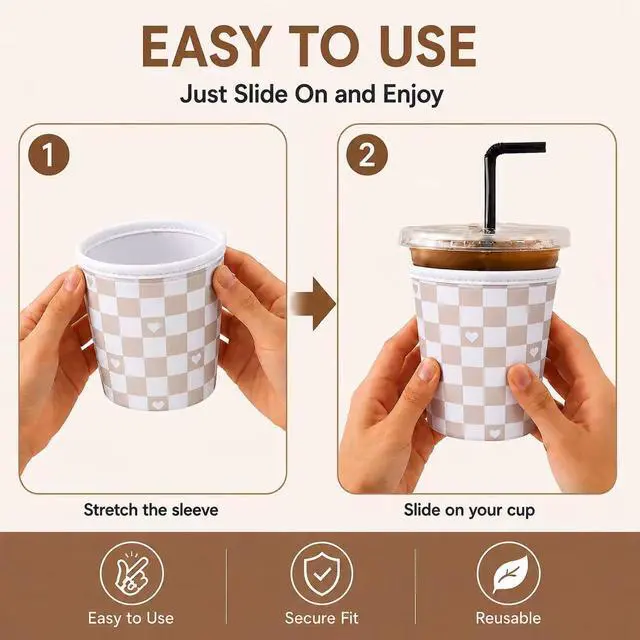 Alt view image 7 of 7 - 3Pcs Reusable Ice Coffee Cup Sleeves for Cold Drink 16-32oz(Brown Hearts) | Insulated Neoprene Sleeve for Iced Coffee Cups, Beverage Holder Drink Sleeves for 16/18/22/24/32oz