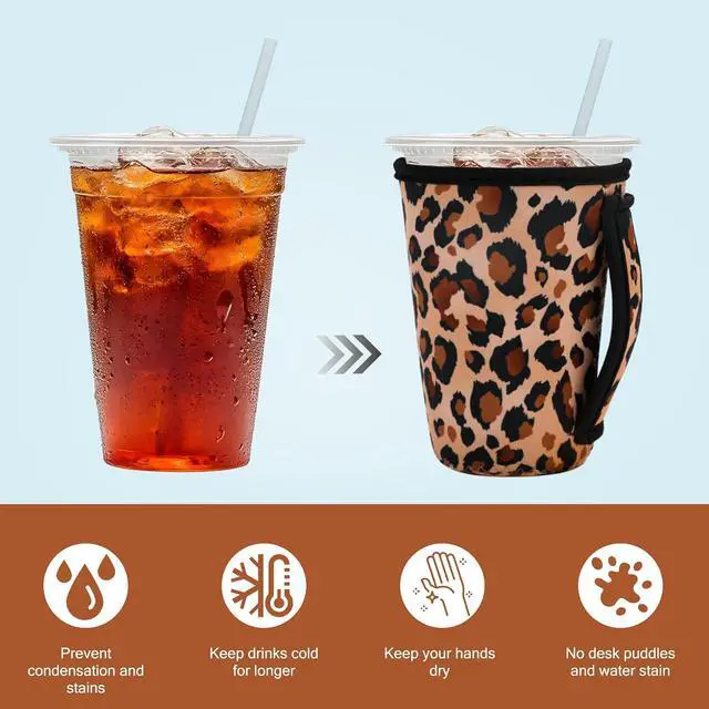 Alt view image 5 of 7 - 3PCS Reusable Iced Coffee Sleeves, Fits 16-32oz Hot/Cold Drinks | 3 Reusable Coffee Sleeves, Insulated Coffee Sleeves, Compatible with Starbucks Dunkin Coffee cup, Leopard print Coffee Koozie