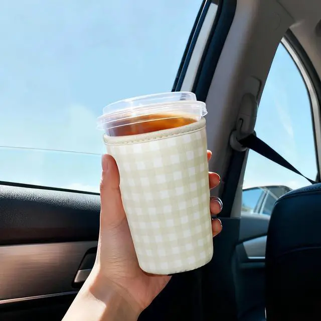 Alt view image 3 of 7 - Reusable Insulated Sleeve for Iced Coffee Cup, 3-Pack Coffee Neoprene Drink Sleeve for Cold & Hot Drinks, Beverage Holder for Iced Coffee (Beige Gingham)