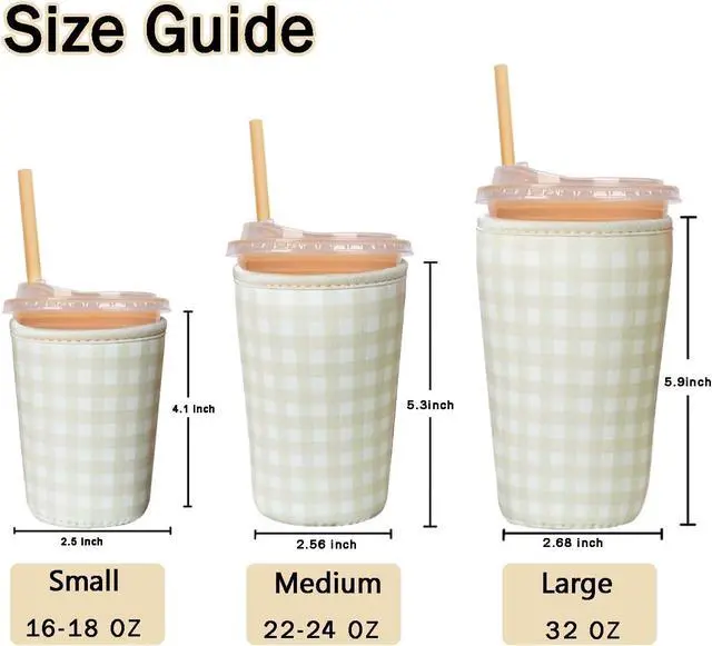Alt view image 5 of 7 - Reusable Insulated Sleeve for Iced Coffee Cup, 3-Pack Coffee Neoprene Drink Sleeve for Cold & Hot Drinks, Beverage Holder for Iced Coffee (Beige Gingham)