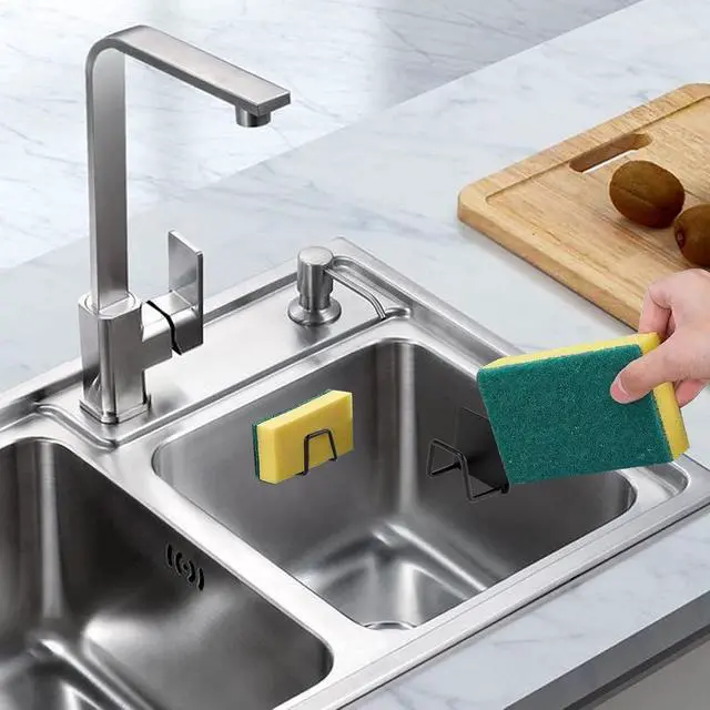 Alt view image 2 of 6 - 2Pcs Sponge Holder for Kitchen Sink, Strong Adhesive Sponge Holder for Sink Counter, Dish Sponge and Brush Organization Holder, Premium SUS304 Stainless Steel Rust Proof Waterproof-Black