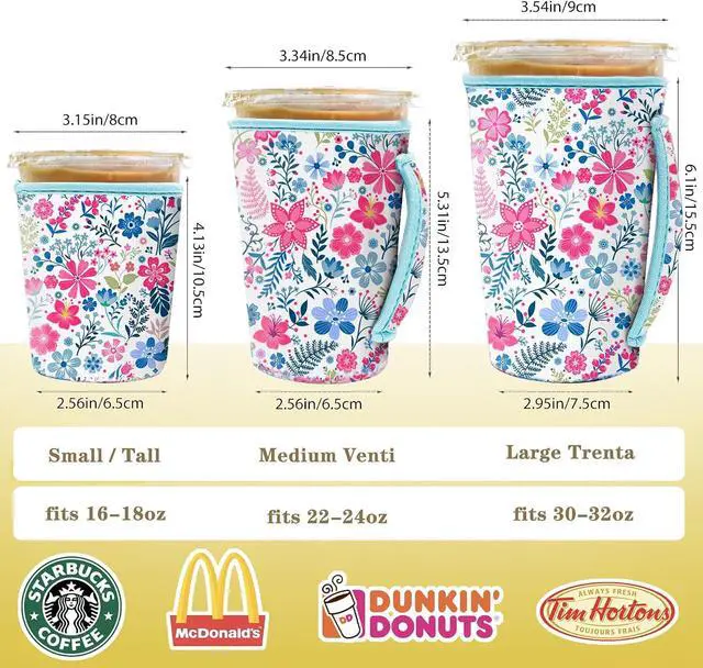 Alt view image 2 of 7 - 3 Pack Iced Coffee Sleeve, Drink Sleeve Fits 16-32 oz (Flower cluster) | Reusable Neoprene Cup Sleeve with Handle, Coffee Cup Sleeves for Hot and Cold Drinks Starbucks Coffee Dunkin Coffee, More