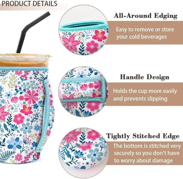 Alt view image 3 of 7 - 3 Pack Iced Coffee Sleeve, Drink Sleeve Fits 16-32 oz (Flower cluster) | Reusable Neoprene Cup Sleeve with Handle, Coffee Cup Sleeves for Hot and Cold Drinks Starbucks Coffee Dunkin Coffee, More