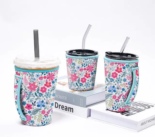 Alt view image 4 of 7 - 3 Pack Iced Coffee Sleeve, Drink Sleeve Fits 16-32 oz (Flower cluster) | Reusable Neoprene Cup Sleeve with Handle, Coffee Cup Sleeves for Hot and Cold Drinks Starbucks Coffee Dunkin Coffee, More