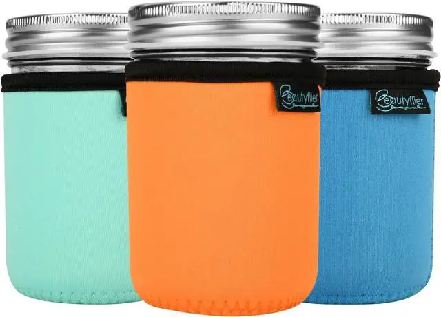 Main image of Beautyflier Regular Mouth Mason Jar Neoprene Sleeve, Half Pint Mason Jar Drinking Glasses Neoprene Cover, 8OZ Mason Insulators Sleeve with Handle (8OZ, 3COLOR)