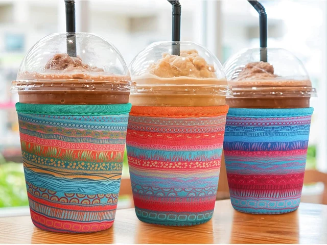 Alt view image 5 of 6 - Patelai 4 Pack Reusable Iced Coffee Insulator Sleeve, Neoprene Coffee Cup Holder for Iced Hot Drinks, Beverage Holder for Most Drinks(16-20 oz Small, African Grain)