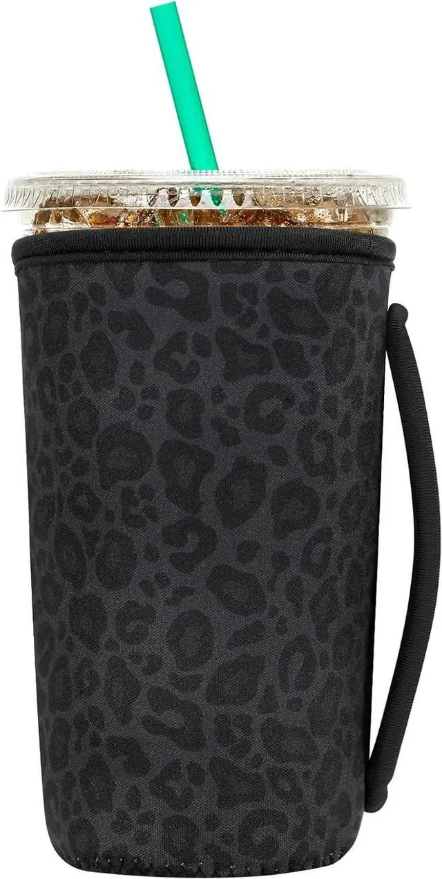 Main image of Insulated Neoprene Cup Sleeve for Iced Coffee & Cold Soda Reusable & Sweatproof, Keeps Drinks Cold Longer, Coffee Coolie for Hot & Iced Drinks (Black Leopard Print, Large: 32oz)