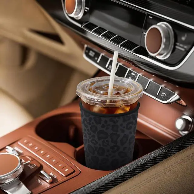 Alt view image 2 of 7 - Insulated Neoprene Cup Sleeve for Iced Coffee & Cold Soda Reusable & Sweatproof, Keeps Drinks Cold Longer, Coffee Coolie for Hot & Iced Drinks (Black Leopard Print, Large: 32oz)