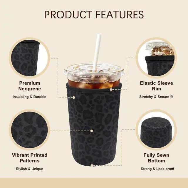 Alt view image 4 of 7 - Insulated Neoprene Cup Sleeve for Iced Coffee & Cold Soda Reusable & Sweatproof, Keeps Drinks Cold Longer, Coffee Coolie for Hot & Iced Drinks (Black Leopard Print, Large: 32oz)