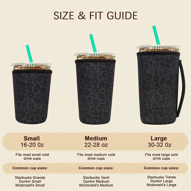 Alt view image 3 of 7 - Insulated Neoprene Cup Sleeve for Iced Coffee & Cold Soda Reusable & Sweatproof, Keeps Drinks Cold Longer, Coffee Coolie for Hot & Iced Drinks (Black Leopard Print, Large: 32oz)