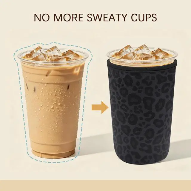 Alt view image 5 of 7 - Insulated Neoprene Cup Sleeve for Iced Coffee & Cold Soda Reusable & Sweatproof, Keeps Drinks Cold Longer, Coffee Coolie for Hot & Iced Drinks (Black Leopard Print, Large: 32oz)