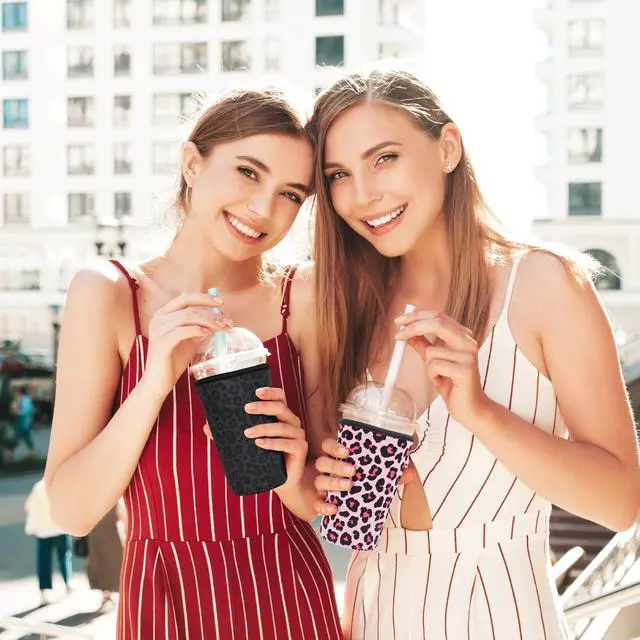 Alt view image 7 of 7 - Insulated Neoprene Cup Sleeve for Iced Coffee & Cold Soda Reusable & Sweatproof, Keeps Drinks Cold Longer, Coffee Coolie for Hot & Iced Drinks (Black Leopard Print, Large: 32oz)
