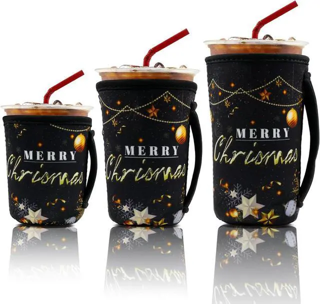 Main image of 3 Pcs Christmas Cup Sleeves Reusable - Black Gold Insulated Cup Holder for Iced Coffee, Neoprene with Handle, Festive Drink Sleeves for Cold Drinks, Christmas Kitchen Decor