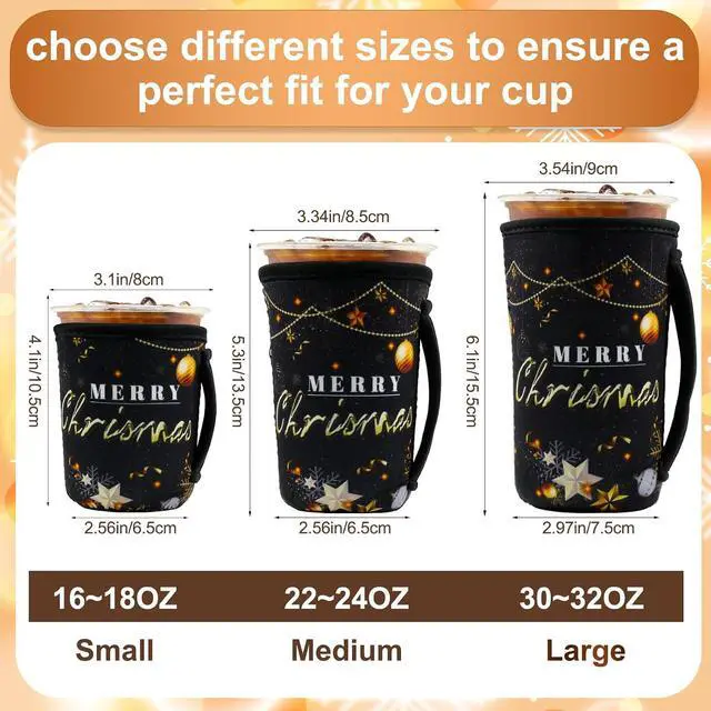 Alt view image 2 of 7 - 3 Pcs Christmas Cup Sleeves Reusable - Black Gold Insulated Cup Holder for Iced Coffee, Neoprene with Handle, Festive Drink Sleeves for Cold Drinks, Christmas Kitchen Decor
