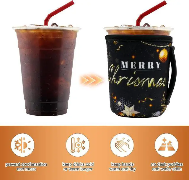 Alt view image 3 of 7 - 3 Pcs Christmas Cup Sleeves Reusable - Black Gold Insulated Cup Holder for Iced Coffee, Neoprene with Handle, Festive Drink Sleeves for Cold Drinks, Christmas Kitchen Decor