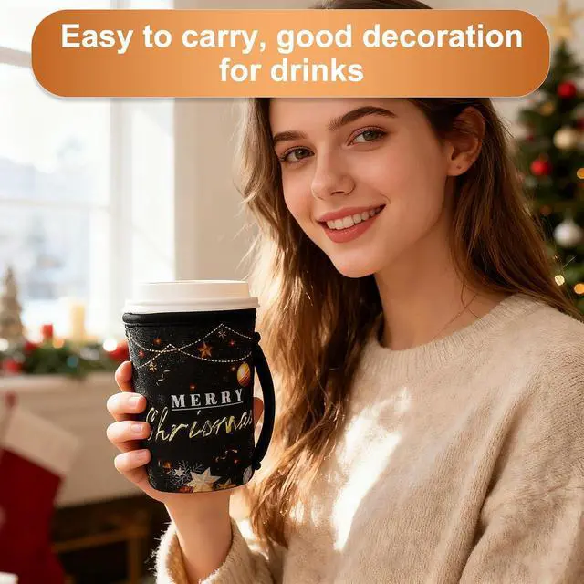 Alt view image 5 of 7 - 3 Pcs Christmas Cup Sleeves Reusable - Black Gold Insulated Cup Holder for Iced Coffee, Neoprene with Handle, Festive Drink Sleeves for Cold Drinks, Christmas Kitchen Decor