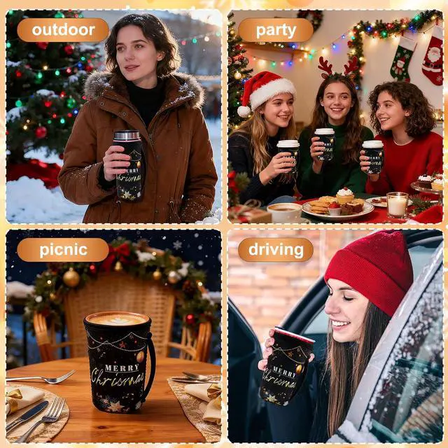 Alt view image 6 of 7 - 3 Pcs Christmas Cup Sleeves Reusable - Black Gold Insulated Cup Holder for Iced Coffee, Neoprene with Handle, Festive Drink Sleeves for Cold Drinks, Christmas Kitchen Decor